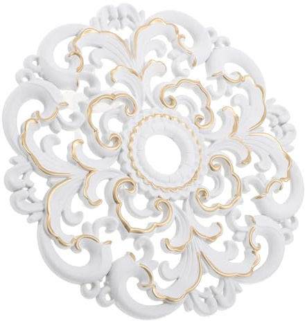 KOMBIUDA Médaillon de Plafond en Faux Plâtre Sculpté Style Européen, Grand Médaillon Rond Blanc Doré, Plaque Décorative pour Lustres et Ventilateurs de Plafond, Rosace Décorative Suspendre