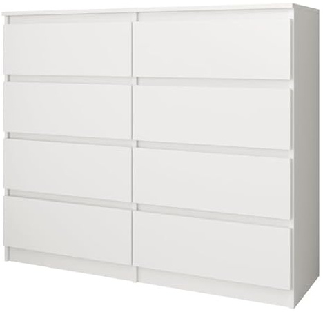 BEAUTY SOFA Große Schubladenkommode mit 8 Schubladen, Weiß Matt in Holzoptik, Schlafzimmerkommode & Mehrzweckschrank für Flur, Modell Lemon, 100x97x40 cm