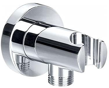 ENKI, O02, Shower Outlet Elbow with Holder, Brass Chrome Hand Shower Wall Valve Connector Bracket, Round Design, Chrome