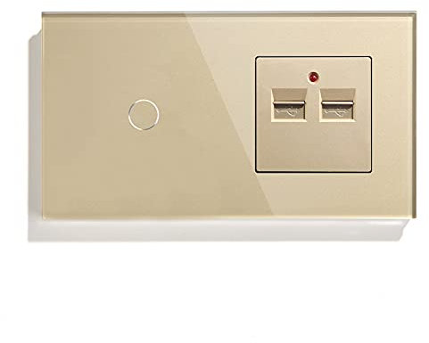 BSEED Touch-Schalter für Glaswandleuchte 1 Fach 2 Weg mit 2 USB-Ladeanschlüssen 100-220V Steckdosen Gold