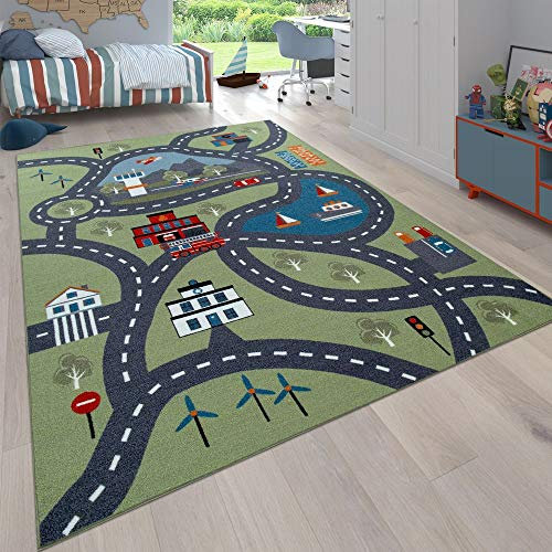 Paco Home Kinder-Teppich Für Kinderzimmer, Spiel-Teppich Mit Straßen-Motiv rutschfest In Grün, Grösse:80x150 cm