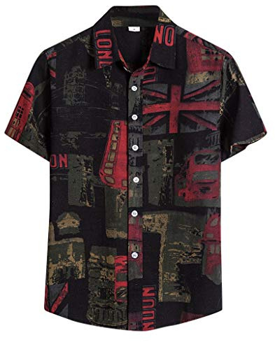 Yowablo Herren-Hemd, Kurzarm, reguläre Passform, Bedruckt, aus Leinen Bluse T-Shirt Ethnische Printing Hawaiihemd