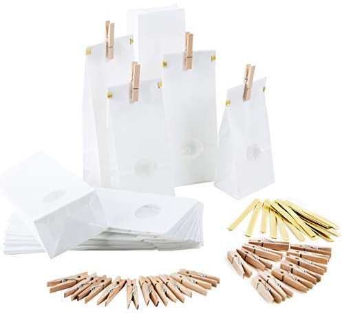 Logbuch-Verlag 25 Papier Beutel mit Boden weiß mit Fenster + Clips + Klammern Blockbodenbeutel 8 x 5 x 24,5 cm Verpackung Lebensmittel