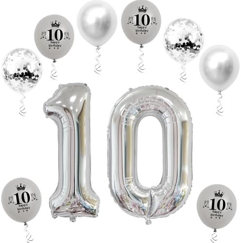 XL Folienballon 10 Geburtstag, Folienballon Zahl 10, Zahl 10 Silber, Luftballons Zahl 10, Nummer 10 Luftballon Silber, 32 Geburtstagsdeko Ballon 10 (10)