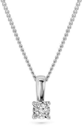 MIORE Kette Damen 0.03 Ct Diamant Halskette mit Anhänger Solitär Diamant Brillant Kette aus Weißgold 9 Karat / 375 Gold, Halsschmuck 45 cm lang