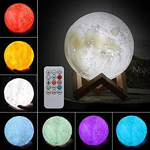 ele ELEOPTION LED Mond Lampe 3D Standleuchten Nachtlicht Nachttischlampe Dimmbare Touch Lampe für Wohnzimmer (20 cm, 7 Farbe mit Fernbedienung)