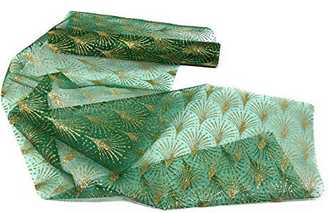 Organza Tischläufer 28 x 300 cm transparente Tischfahne schmales Tischtuch mit goldenem Glitzerdruck (Grün Muster 1)