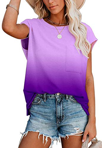 ANCAPELION Damen Casual T-Shirt Kurzarm Sommer Tops Lose Oberteile Rundhals Basic Bluse mit Tasche Farbverlauf lila XL