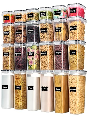Airtight Food Storage Containers with Lids, Vtopmart 24 pcs Plastic Kitchen and Pantry Organization Canisters for Cereal, Dry Food, Flour and Sugar, BPA Free, Includes 24 Labels,Black