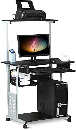 Yaheetech Bureau Informatique Bureau Ordinateur 80 x 50 x 132 cm avec Tablettes de Rangement pour Imprimante sur roulettes avec Freins Noir Table pour Petit Espace Noir