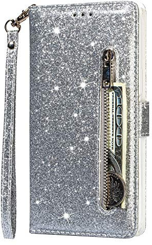 iPhone 13 Pro Max Case Zipper Glitter Bling Shockproof PU Leather Wallet Cover with Card Slots Folding Stand Magnetic Scratchproof Protect Flip Phone Case for iPhone 13 Pro Max Silver