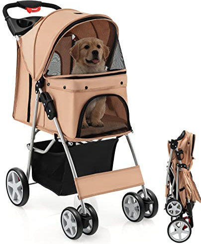 Maxmass Travel Pet Stroller, Foldable Small Medium Sized Dog Cat Trolley with Storage Basket, Safety Belt and Cup Holder, 4 Wheels Puppy Pushchair (Beige)