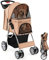 Maxmass Travel Pet Stroller, Foldable Small Medium Sized Dog Cat Trolley with Storage Basket, Safety Belt and Cup Holder, 4 Wheels Puppy Pushchair (Beige)