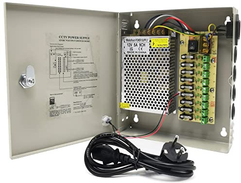 Weishuo Fuente Alimentacion CCTV 12V 5A 60W Salida de 9 Canales Caja de Alimentacion Distribuida Camara Seguridad con Enchufe de CA