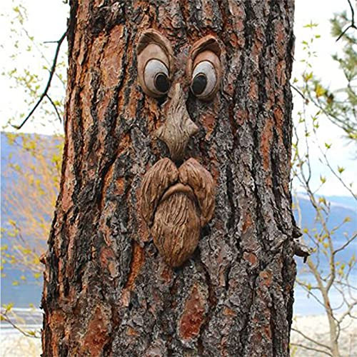 Dantazz Alter Mann Baumgesicht im Freien - Holz Garten Baum-Gesicht Deko Garten Peeker Hangende Deko Baumdeko Gartendeko Baumstamm Deko - Ostern Outdoor Waldpartys Requisiten Wetterfest (Braun)