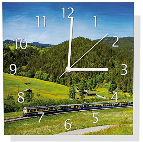 Wallario Design Wanduhr Eisenbahn in Einer Sommerlandschaft in der Schweiz aus Aluverbund, Alu-Uhr Größe 30 x 30 cm, weiße Zeiger mit Metalloptik