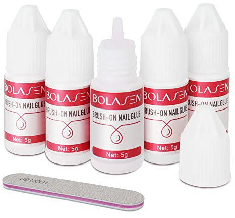 BOLASEN Colle Faux Ongles, 5 Pièces 5g Colle d'Ongle Rapide, Colle à Ongles Avec 1 Pcs Lime à Ongles, Colle à Faux Ongles Pour Pointes En Acrylique, Colle Pour Ongles Pour Coller Ongles Artificiels