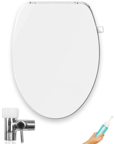 GenieBidet Bidet-Sitz für Linkshänder, länglich, selbstreinigende Doppeldüsen + hintere und weibliche Reinigung, keine Verkabelung erforderlich. Einfache Installation in 20 Minuten | Hybrid-T mit