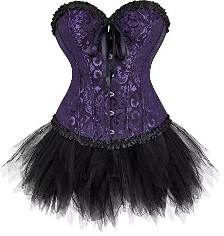 Josamogre Corset Bustier Femme Jupe Robe Skirt Set Sexy Lace Dentelle Floral Guêpière Lingerie Grande Taille Vintage Violet M