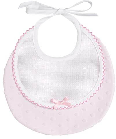 Filet - Bavoir rond en tissu doux avec pois effet 3D avec insert en toile Aida à broder, fermeture à lacets, fabriqué en Italie, couleur rose