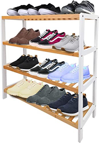 1ABOVE Bamboo Shoe Rack, Plant Rack, Perfect for Corridor, Living Room, Bathroom, Bedroom,Hallway or small spaces (Natural & White) (4 TIER)