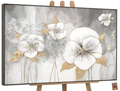 YS-Art Luxus Abstrakt Design Acryl Gemälde auf Leinwand Goldene Blüten handgemalt Wandbilder Wohnzimmer modern Wohndekor Bilder Büro grau echte Kunst 140x100 cm