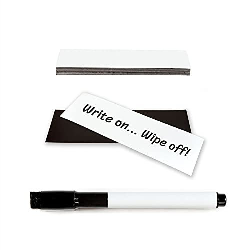 TMS Magnetic Labels Dry Erase | Reusable White Magnets with Dry Wipe Pen for Fridge Notes, Warehouse Labelling for Metal Shelves, Racking, Shelving, Reminders or Whiteboards 100x30mm [25 Pack]