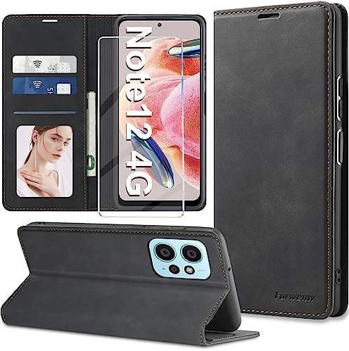 Nshkeji Handyhülle für Xiaomi Redmi Note 12 4G - Premium PU Leder Klapphülle mit Schutzfolie, 3 Kartenfächer, Anti-RFID, Schwarz