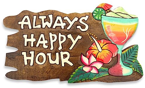 Always Happy Hour Sign/Plaque - Colourful Rustic Wooden Sign with carved 'Always Happy Hour', Flowers and Cocktail Glass. Art for Tikki Bar, Man Cave Front Door Porch Pub Home Office Garden