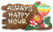 Panneau en bois rustique coloré avec lettrage « Always Happy Hour », verre à cocktail à fleurs, art du bar Tiki