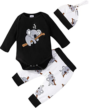 Himllauen Baby Jungen Mädchen 3tlg Set Koala Print Body + Hose + Mütze Babyset Kleinkind Kleidung Süß Outfit