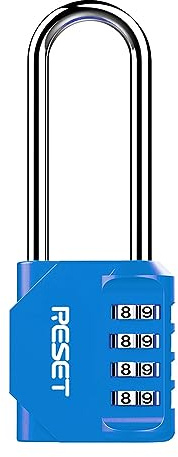 RESET-060 Candado de 4 dígitos, arco largo, azul cielo, 1 ud | Candado de 4 dígitos reajustable con arco largo; arco de 0,6 cm, ancho interior de 1,9 cm y altura total de 11,6 cm.