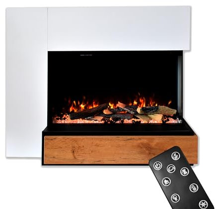 GLOW FIRE Kaminofen Einstein rechtsoffen mit realistischem 3D E-Motion LED-Feuer - Stand-Elektrokamin mit Heizung, Knistereffekt & Timer, max. 1500 W, 109x89x51, Weiß