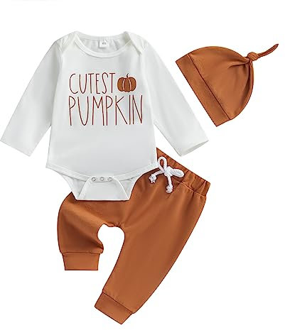 Geagodelia Baby Jungen Halloween Kleidung Outfit Kürbis Babykleidung Set Body Top + Hose + Hut Neugeborene Kleinkinder Weiche Babyset My First Halloween (A - Weiß, 0-3 Monate)