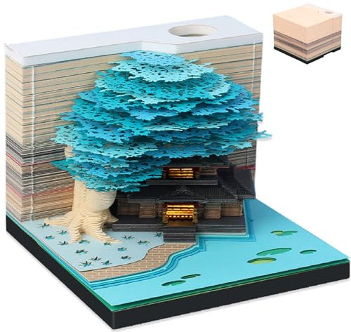 3D Baumhaus Memo Pad, 3D Notizblock, 3D-Notizblöcke, Kalender 3D Memo Pad, 3D Notizblock Papier Schnitzen Geschenk, 3D-Haftnotizen, Haftnotizen Desktop-Ornament für Büro/Lesezimmer (Blau)