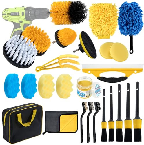 25Pcs Lot de Brosse Nettoyage Voiture,Kit Nettoyage pour Auto avec Brosse De Détail,Chiffon en Microfibre,Éponge de Polissage,Sac de Transport Pratique,Nettoyage Intérieur et Extérieur de Voiture