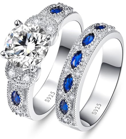 Yaresul 3.5ct Rundschliff Kubik Zirkonia Ring Ehering Set Erstellt Blauer Saphir Frauen Braut Ringe Sets 925 Sterling Silber Ring Rhodium plattiert Blau Verlobungsring Größe 62 (19.7)