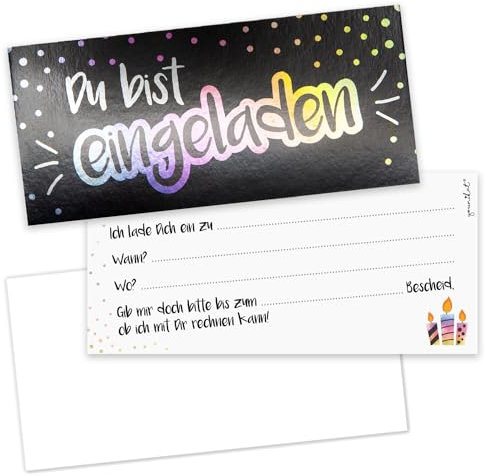younikat 15 Einladungskarten Silber Glanz mit Umschlägen zum Ausfüllen I Geburtstag Kindergeburtstag Mädchen Jungs Jugendweihe I bunt edel chic I dv1360