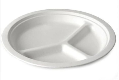 10 Disposable Round Plates (3 Compartment) - 50 Pieces - Biodegradeable Bagasse