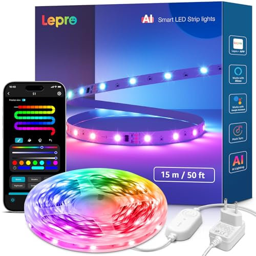 Lepro S1 IA Ruban LED Connecté 15M, Éclairage généré par IA LLM, Bande LED Gaming Wifi MagicColor App Contrôle, Compatible avec Alexa et Google Assistant, Sync Musique pour Maison Chambre Fête Gaming
