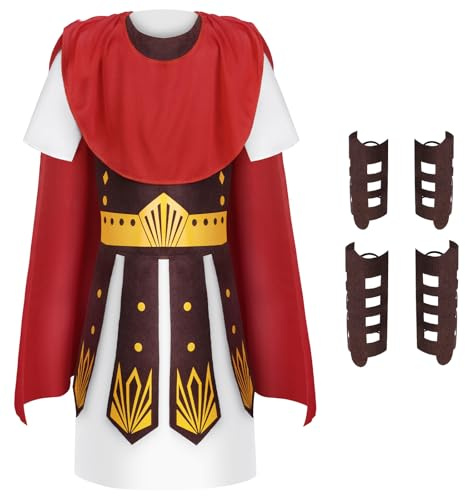 AYBUY Costume de Gladiateur pour Enfant avec Tunique, Protection des Bras et des Jambes, 5 Pièces Costume de Gladiateur avec Épée de Samouraï, Adapté pour Le Carnaval, Halloween, Soirées à Thème