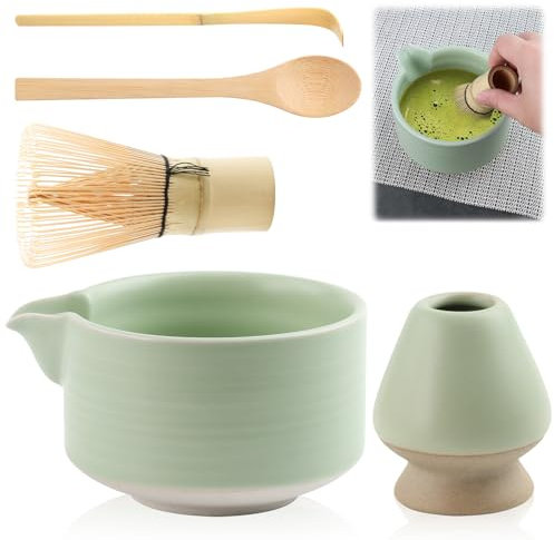 TAIHOBO Juego de matcha, 5 piezas reutilizables, incluye batidor de matcha y cuenco de cerámica de 550 ml con boquilla, soporte para batidor y 2 cucharas de bambú, juego de té matcha para el hogar, la
