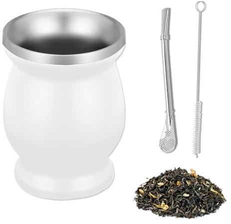 ARCPNRT Set Mate, Juego de Tazas de Acero Inoxidable de Doble Pared, 230ml, con Pajita y Cepillo de Limpieza, Taza Fácil de Limpiar, para Amigos, Apto para Cocina, Restaurante, Cafetería, Blanco