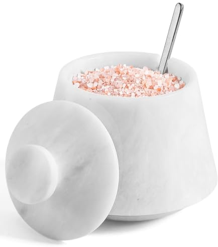 EARTHEN CRAFTS Salero de Mármol con Tapa & Cuchara, Blanco, 10,2 cm | Bote de sal de mármol hecho a mano con tapa y cuchara, recipiente para sal y especias decoración de cocina y regalo