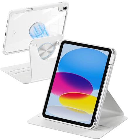 drivego 360 Rotating Case for iPad (A16) 11th Generation 11 Inch 2025/10th Generation 10.9 Inch 2022, Magnetic Detachable Cover with Pencil Holder for iPad 11/10 Gen, PC Clear Back, White