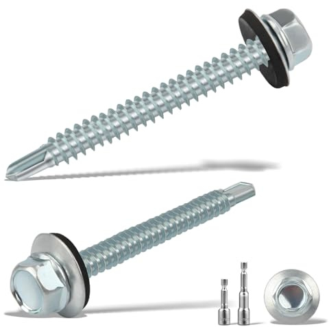 sturiz 90 pièces vis à tôle auto-taraudeuses 5,5 x 50 mm vis pour tôle trapézoïdale vis de couvreur avec rondelle d'étanchéité + 2 pcs embout hexagonal jeu de douilles M8 galvanisé vis auto-perceuses