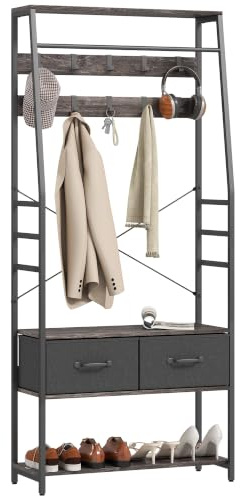 HOMCOM Coat Rack with Shoe Storage Hall Tree Hall Stand Grey | Industrial Coat Stand with Shoe Bench, 10 Removable Hooks, 2 Fabric Drawers, Clothes Rail, Entryway Hallway