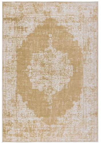 TESSO LIVING Vintage Teppich – 120 x 160 cm Gelb – Waschbar & rutschfest – Kurzflor, Faltbar – Pflegeleichter Wohnteppich