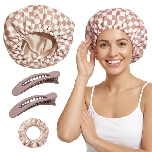 Shower Cap Set - SulisBody Reusable Waterproof Satin Lined, Adjustable Large Wide Hair Cover with Clips + Scrunchie, Terracotta Checker, Fits Long or Short Hair