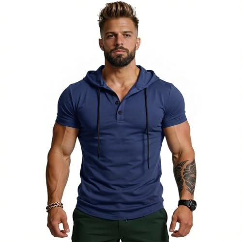 BSBUY Uomo T-Shirts Palestre per Uomini, Athletic Manica Corta Con Cappuccio Uomini, Uomo Casual Maglietta a Maniche Corte con Cappuccio per Running, Boxing, Hiking, Sport(Blu Navy, M)